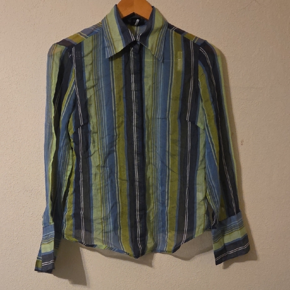 The Limited Casual Sheer Button Down Shirt with Blue Green and White Stripes